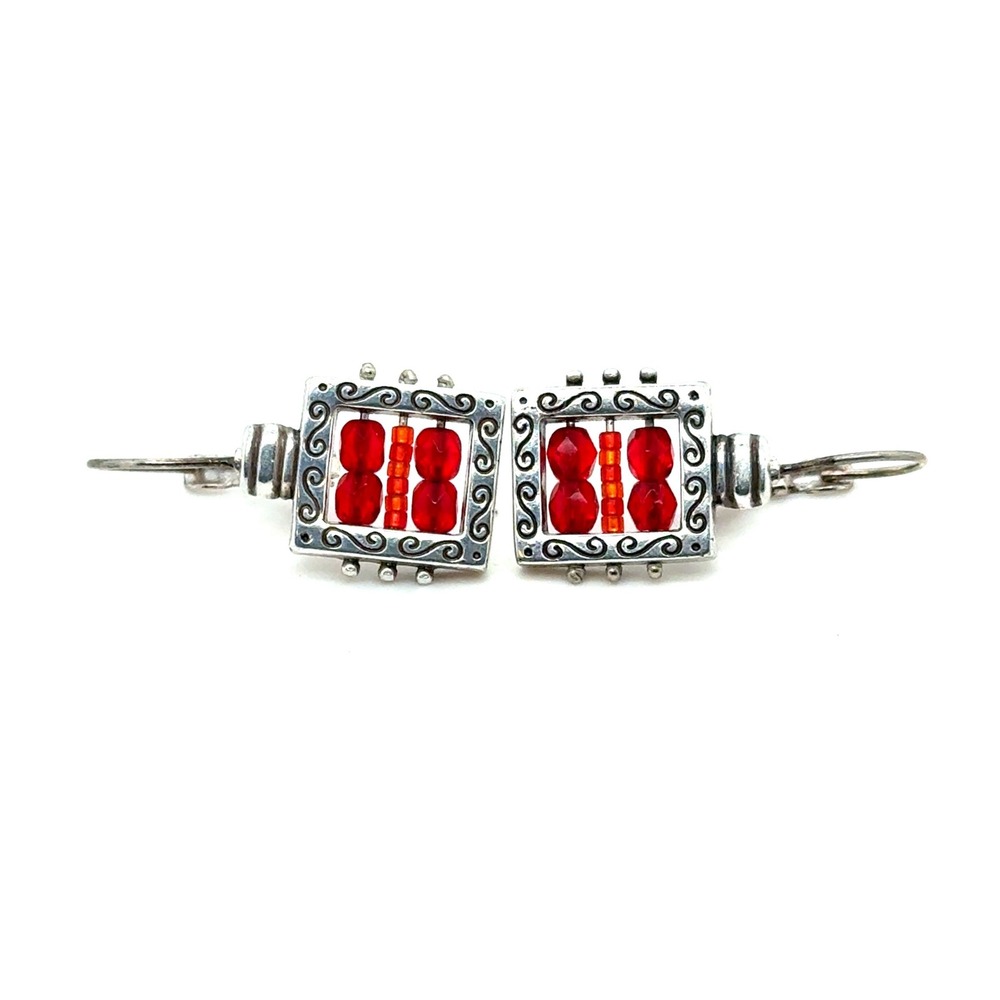 Brighton Silver Tone Red Beaded Square Scroll Leverback Drop Earrings